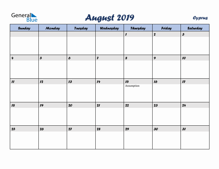 August 2019 Calendar with Holidays in Cyprus