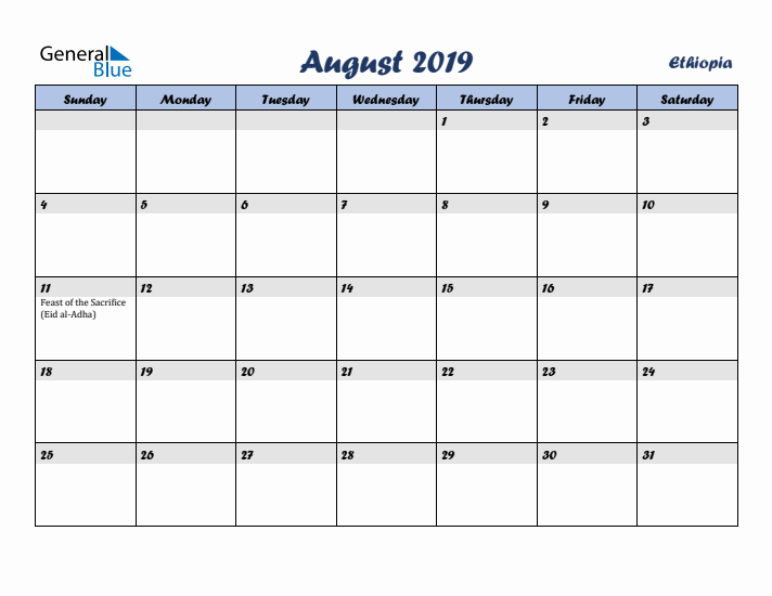 August 2019 Calendar with Holidays in Ethiopia