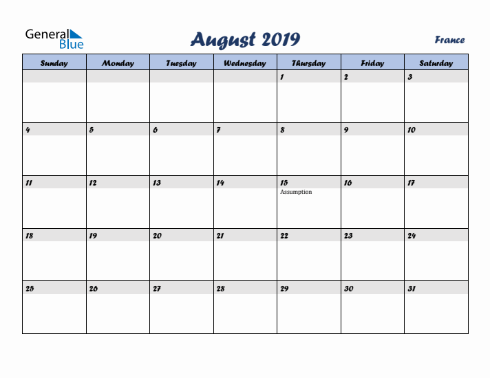 August 2019 Calendar with Holidays in France