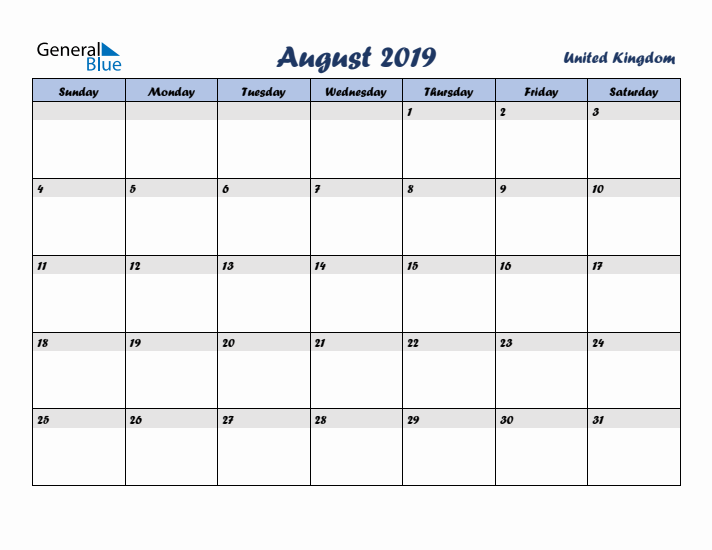 August 2019 Calendar with Holidays in United Kingdom