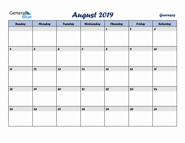 August 2019 Calendar with Holidays in Guernsey