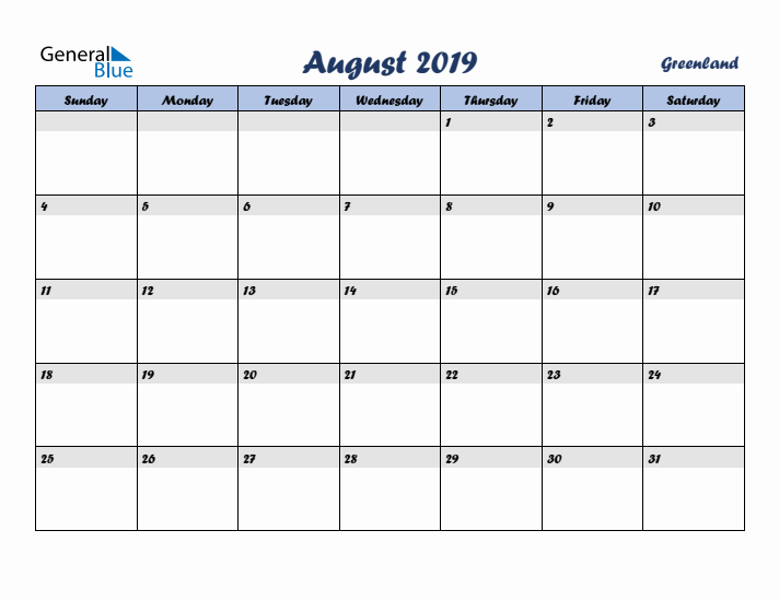 August 2019 Calendar with Holidays in Greenland