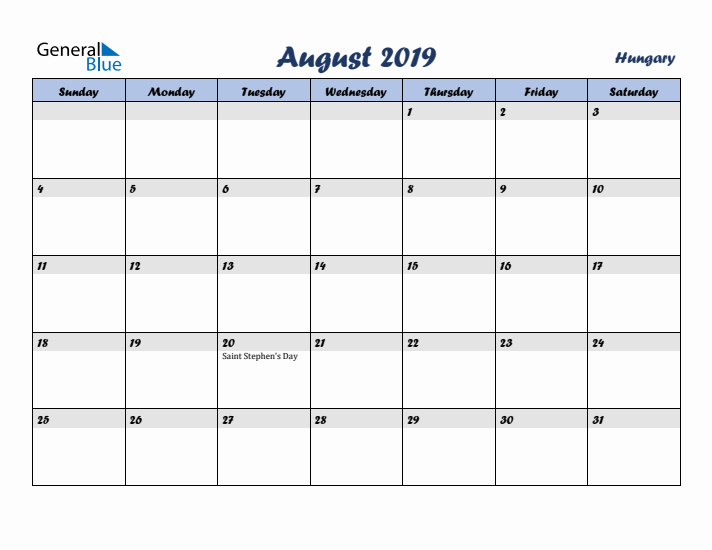 August 2019 Calendar with Holidays in Hungary