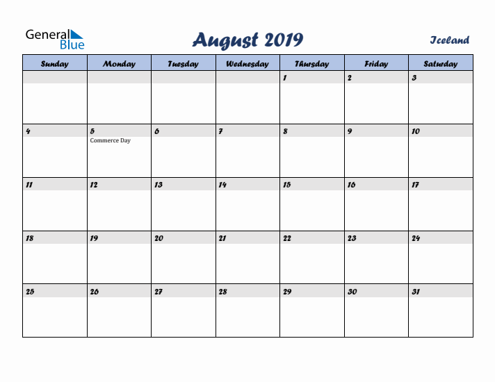 August 2019 Calendar with Holidays in Iceland