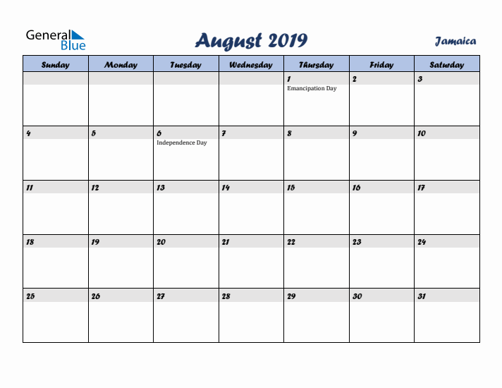 August 2019 Calendar with Holidays in Jamaica