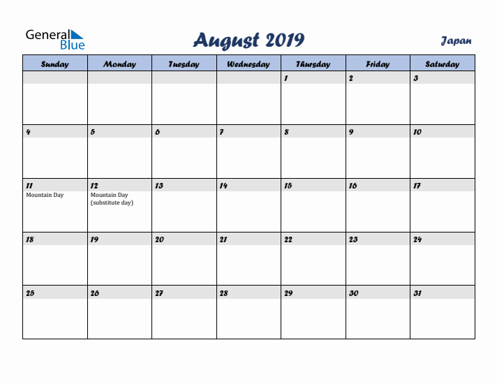 August 2019 Calendar with Holidays in Japan