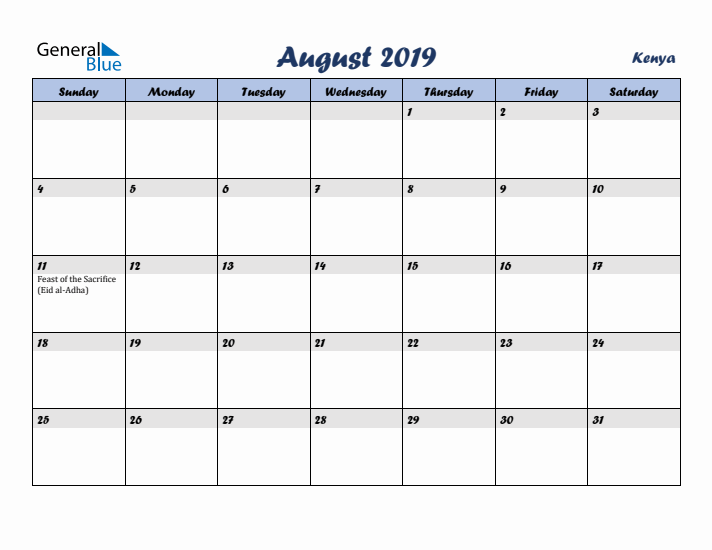 August 2019 Calendar with Holidays in Kenya