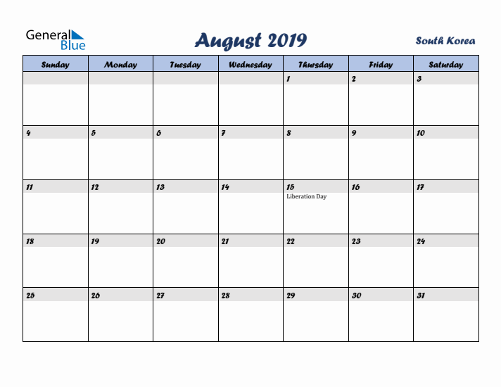 August 2019 Calendar with Holidays in South Korea