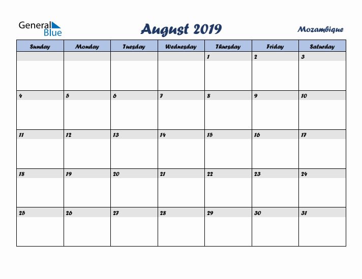 August 2019 Calendar with Holidays in Mozambique