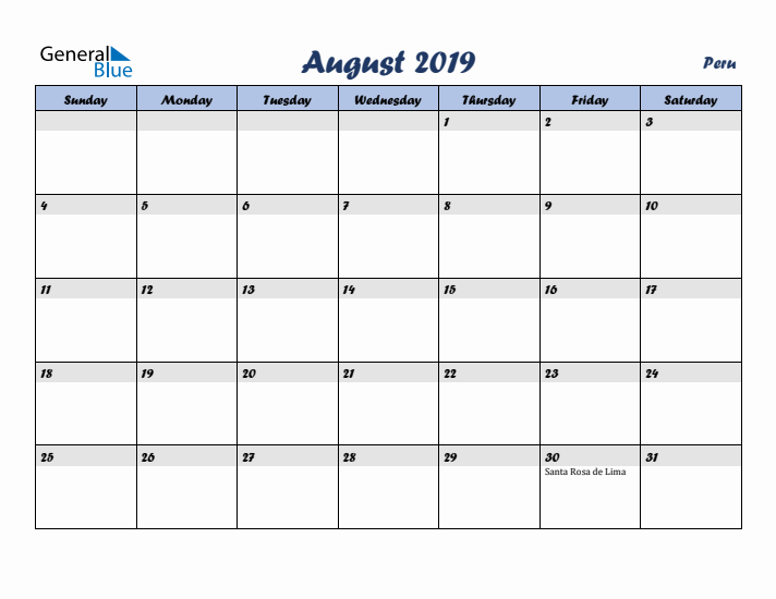 August 2019 Calendar with Holidays in Peru