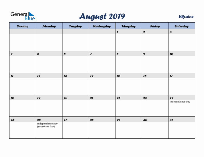 August 2019 Calendar with Holidays in Ukraine