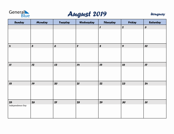 August 2019 Calendar with Holidays in Uruguay