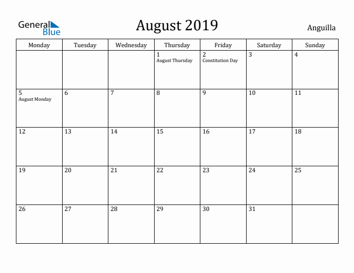 August 2019 Calendar Anguilla