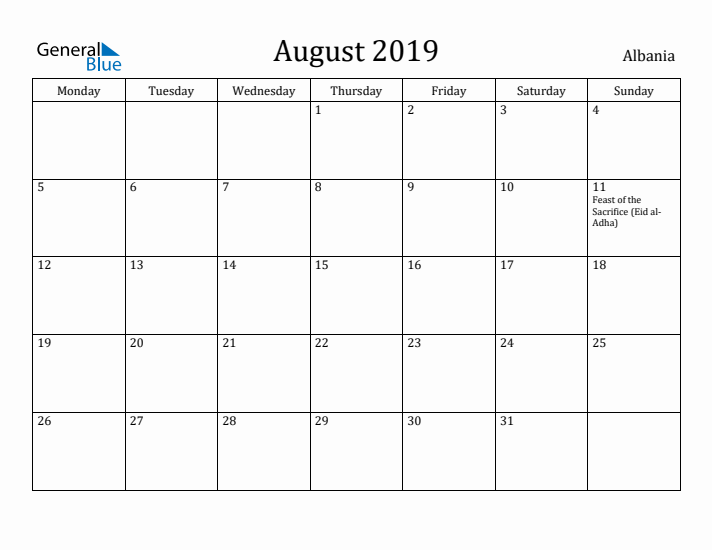 August 2019 Calendar Albania