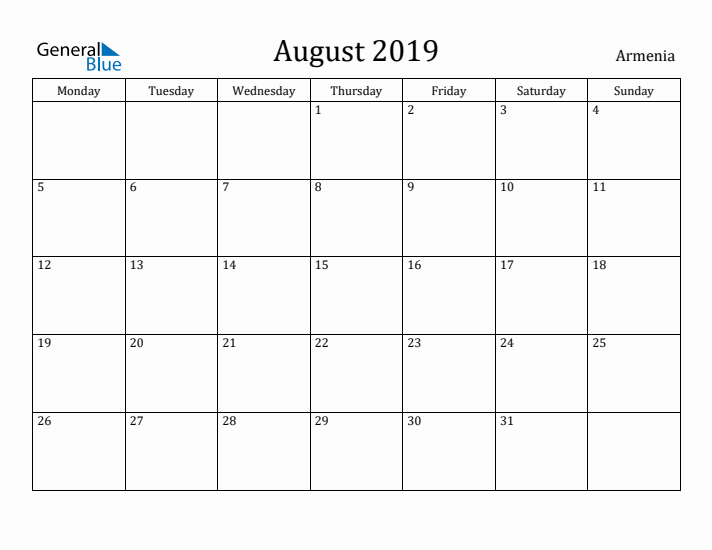 August 2019 Calendar Armenia