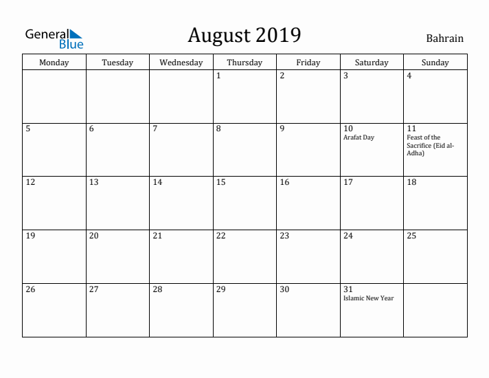 August 2019 Calendar Bahrain