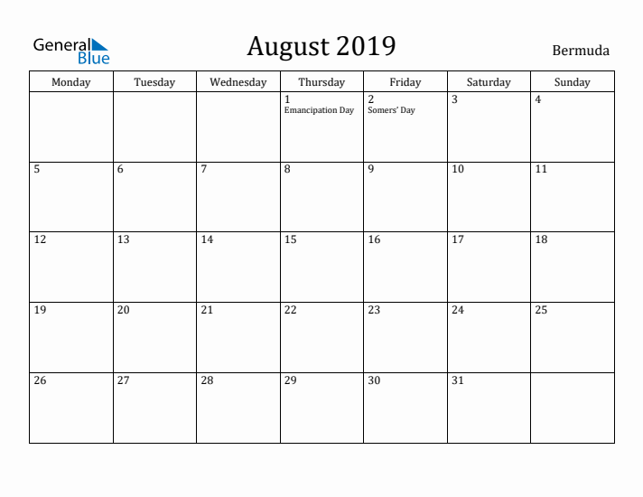 August 2019 Calendar Bermuda