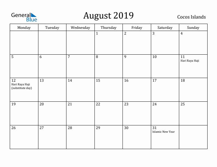 August 2019 Calendar Cocos Islands