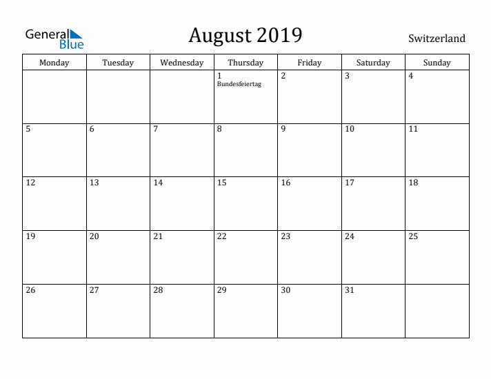 August 2019 Calendar Switzerland