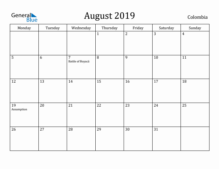 August 2019 Calendar Colombia