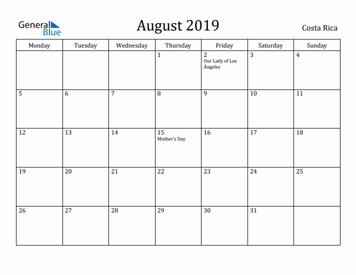 August 2019 Calendar Costa Rica