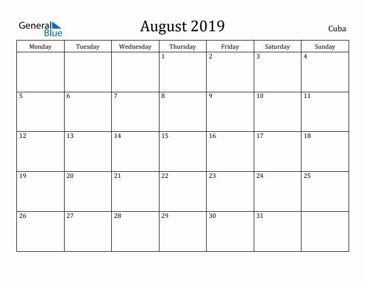 August 2019 Calendar Cuba