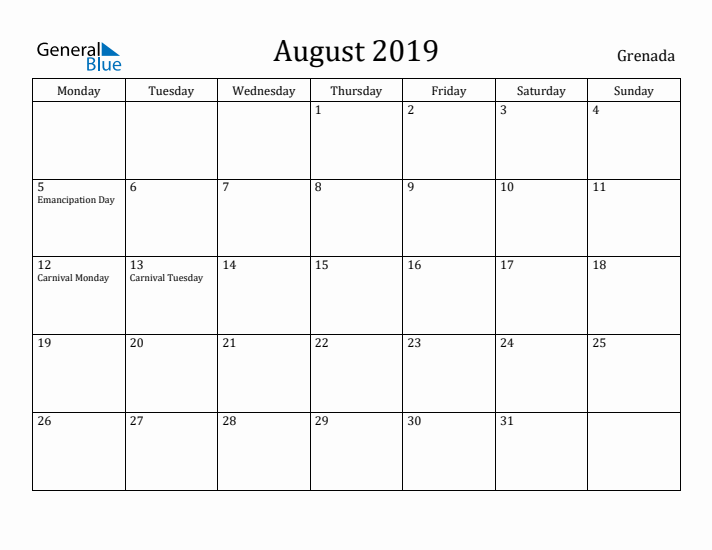 August 2019 Calendar Grenada