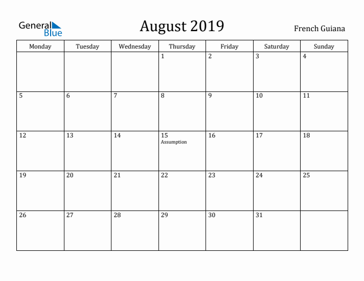 August 2019 Calendar French Guiana