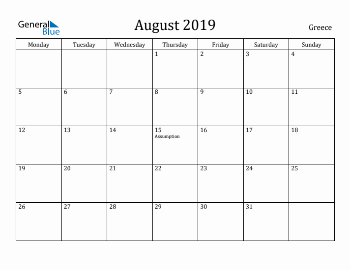 August 2019 Calendar Greece