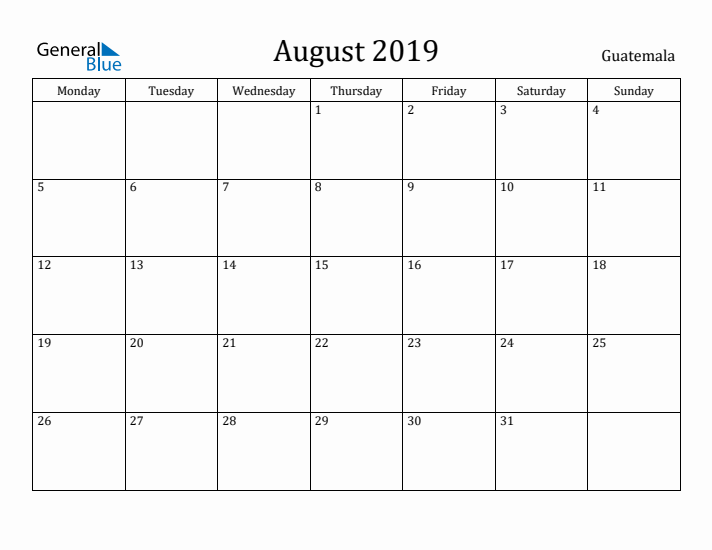 August 2019 Calendar Guatemala