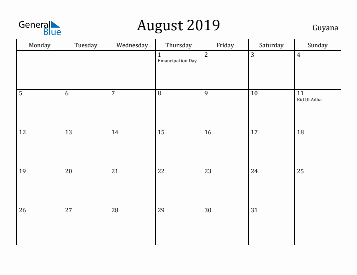 August 2019 Calendar Guyana