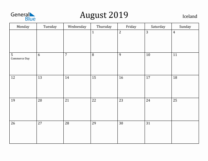 August 2019 Calendar Iceland