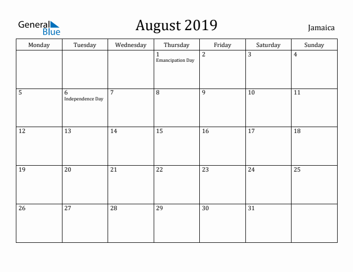 August 2019 Calendar Jamaica