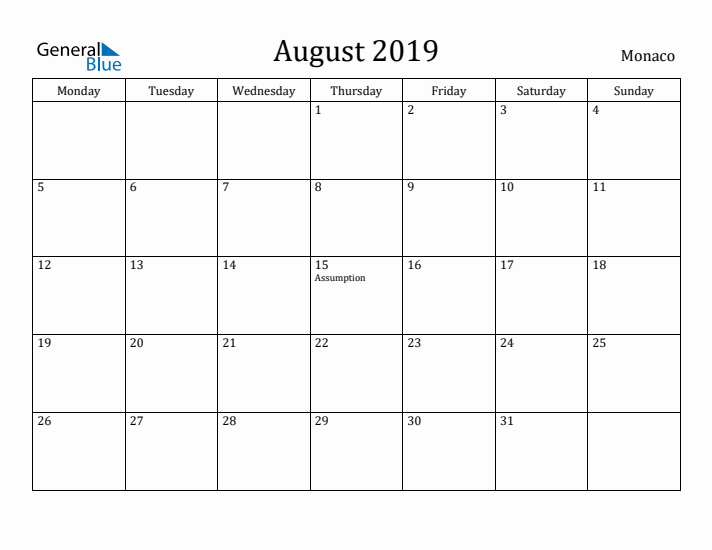 August 2019 Calendar Monaco