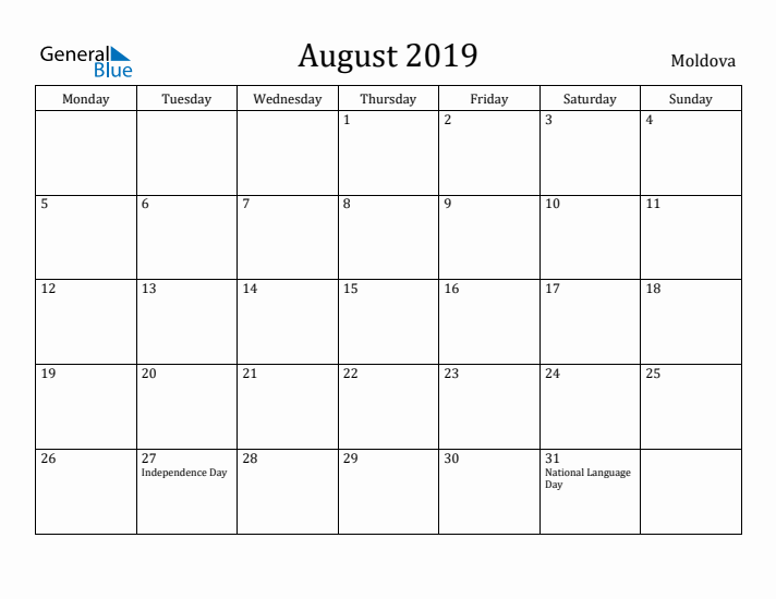 August 2019 Calendar Moldova