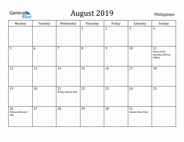 August 2019 Calendar Philippines