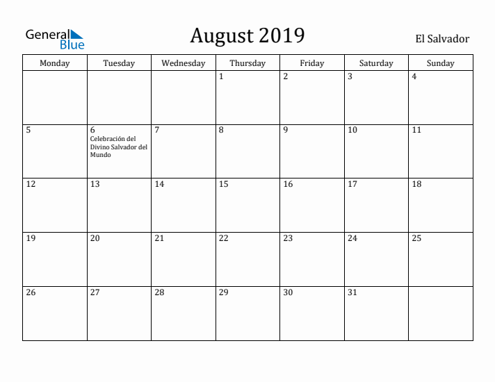 August 2019 Calendar El Salvador