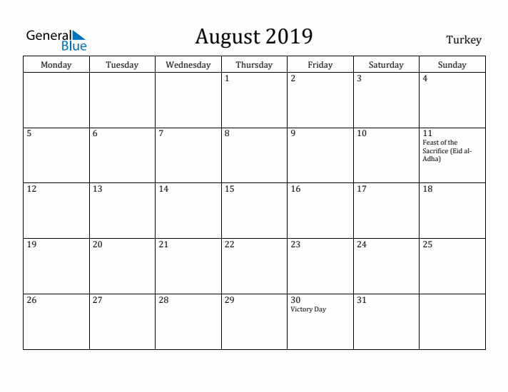 August 2019 Calendar Turkey