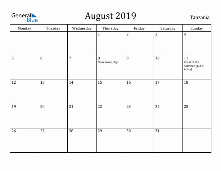 August 2019 Calendar Tanzania