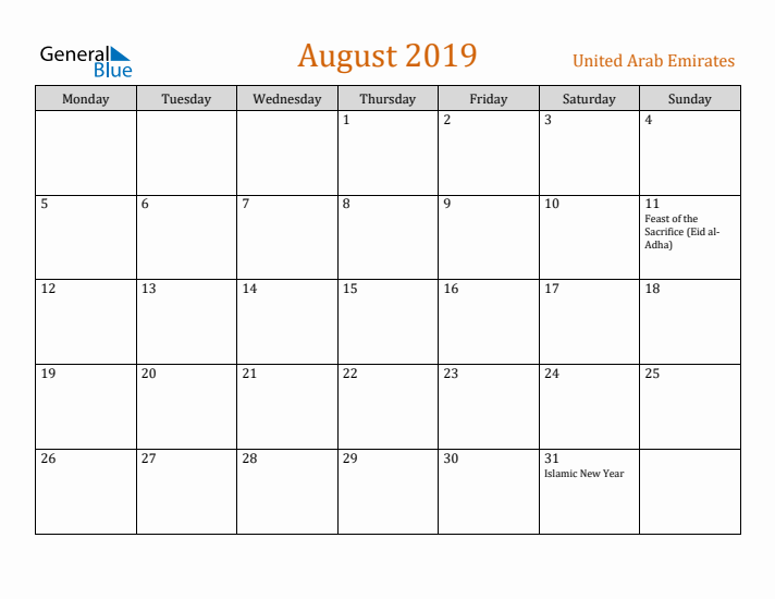 August 2019 Holiday Calendar with Monday Start