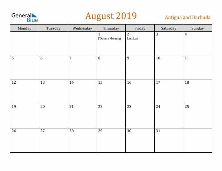 August 2019 Holiday Calendar with Monday Start