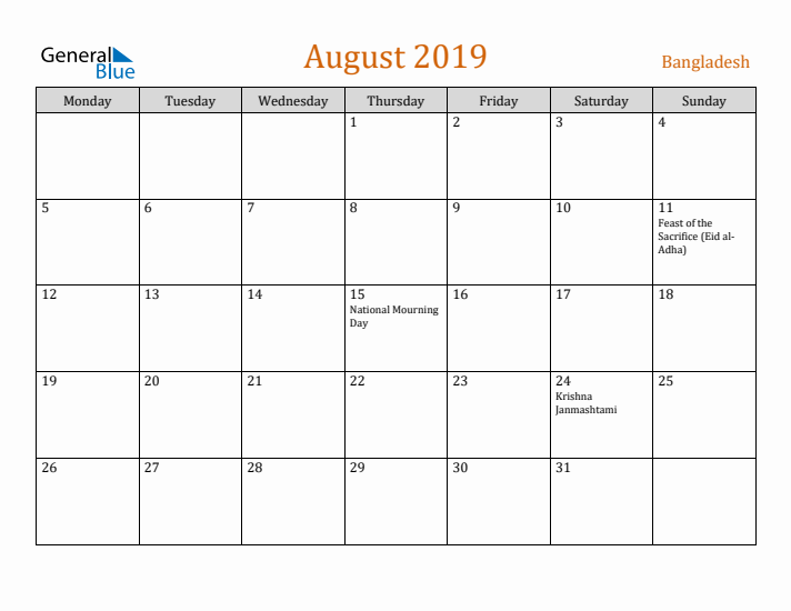 August 2019 Holiday Calendar with Monday Start