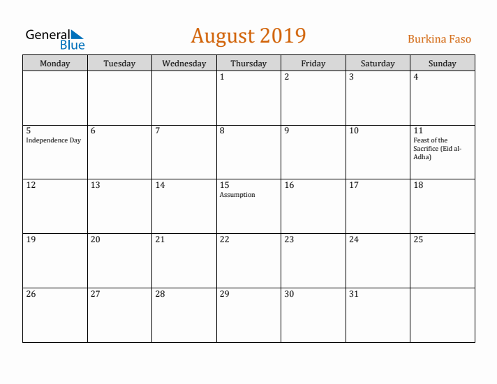 August 2019 Holiday Calendar with Monday Start