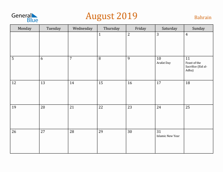 August 2019 Holiday Calendar with Monday Start