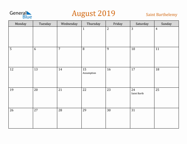 August 2019 Holiday Calendar with Monday Start