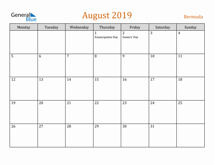 August 2019 Holiday Calendar with Monday Start