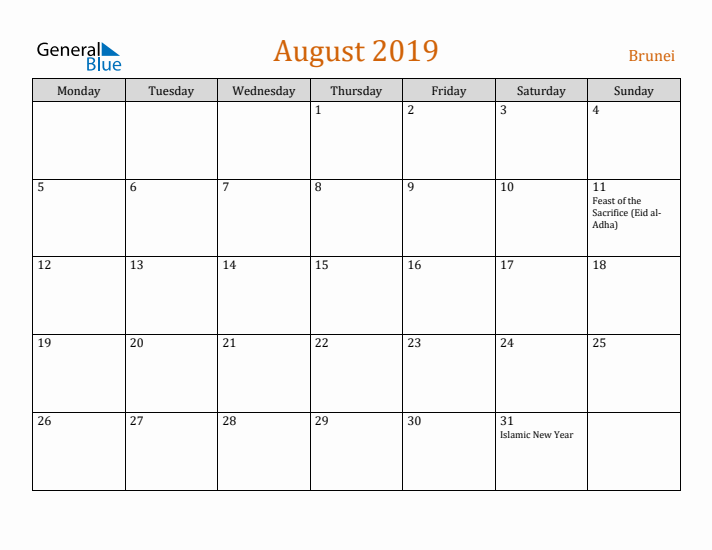 August 2019 Holiday Calendar with Monday Start