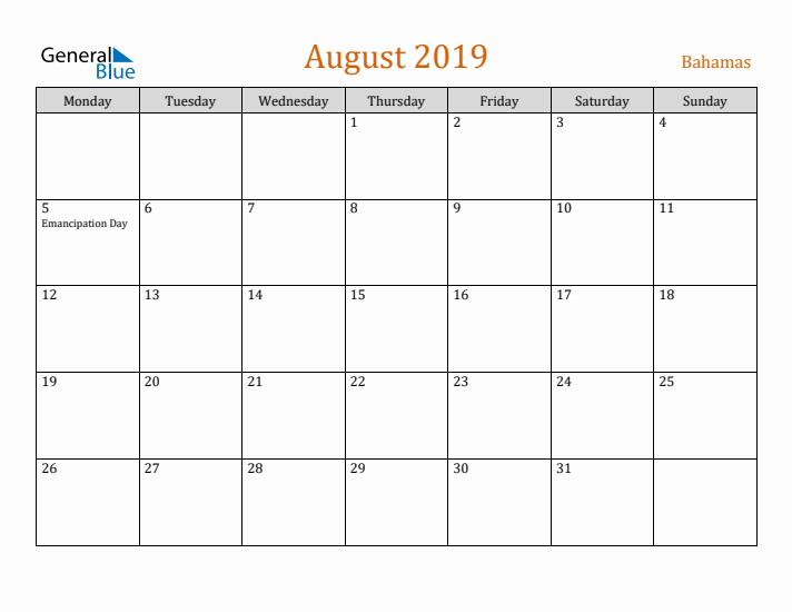 August 2019 Holiday Calendar with Monday Start