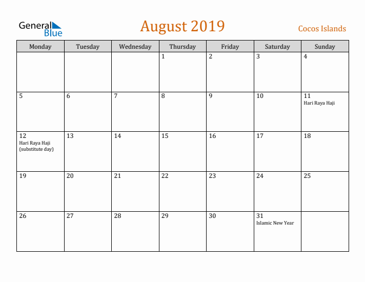 August 2019 Holiday Calendar with Monday Start