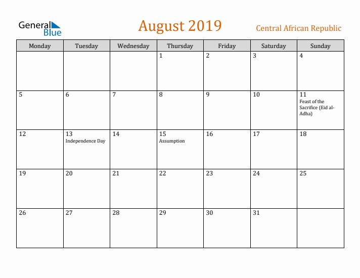 August 2019 Holiday Calendar with Monday Start